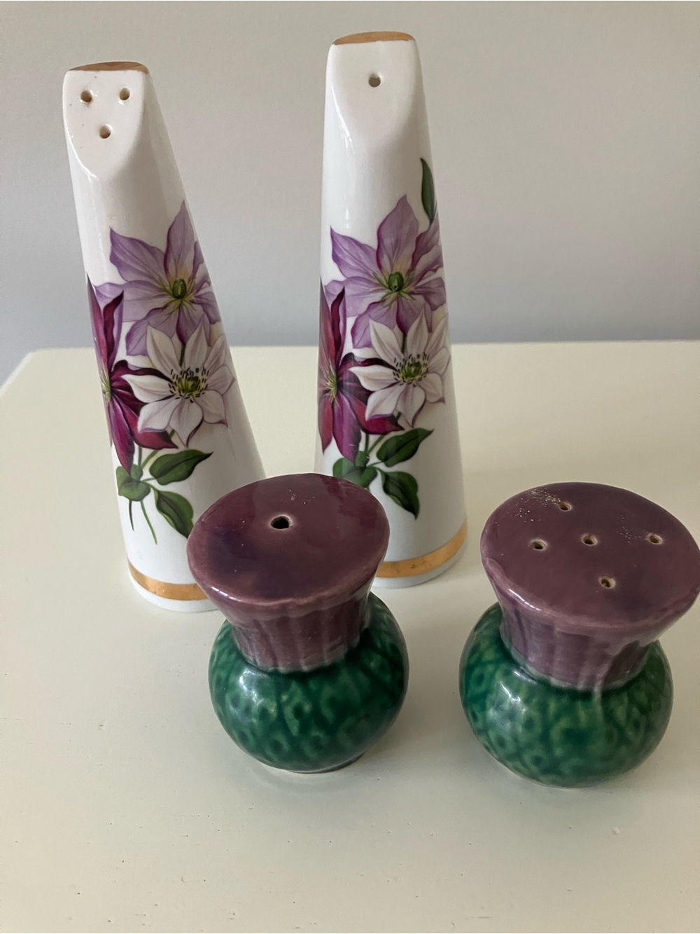 Vintage salt and pepper shakers. Bone China and ceramic 2 sets